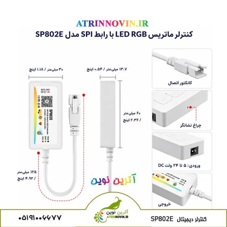 ابعاد و مشخصات کنترلر دیجیتال SP802E شامل ورودی 5 تا 24 ولت، کانکتور و خروجی LED SPI